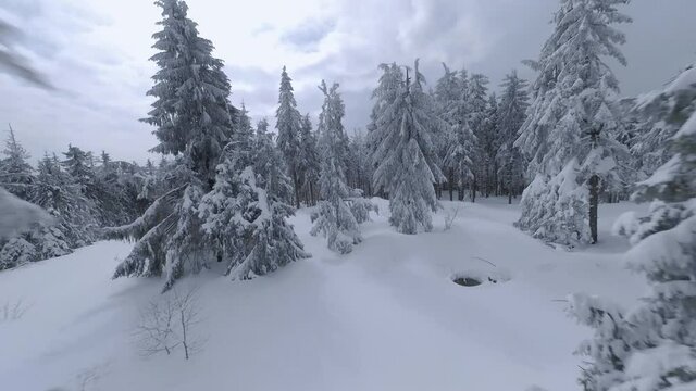 Aerial view of a fabulous winter mountain landscape close-up. Smooth and maneuverable flight between snow-covered trees. Filmed on FPV drone.