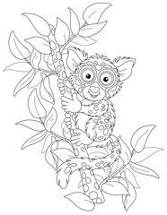 Funny small Philippine tarsier, tree-dwelling exotic primate with very large eyes and a long tufted tail, sitting on a green tree branch in a tropical jungle, black and white outline vector cartoon