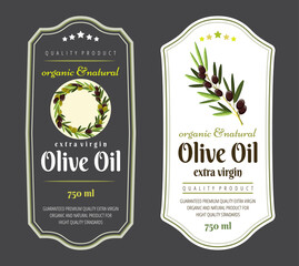 Set of flat labels and badges of olive oil. illustrations for olive oil labels, packaging design, natural products, restaurant. Olive oil labels. Hand drawn templates for olive oil packaging