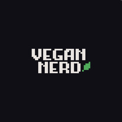 Pixel art vegan nerd text with green leaf on black background