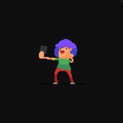 Pixel art female character with funky violet hair while doing selfie - 433298470