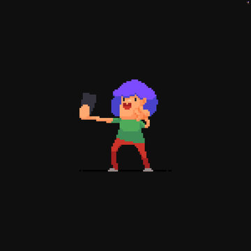 Pixel art female character with funky violet hair while doing selfie