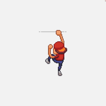 Pixel art male character climbing on invisible object