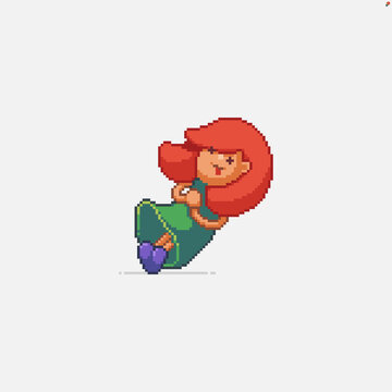Pixel art redhead girl falling dead holding her heart area