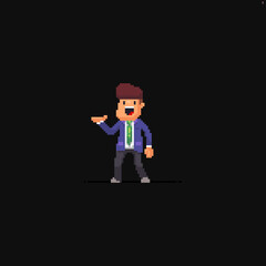 Pixel art guy in office suit showing something with his hand