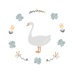 Vintage floral wreath frame with white goose, vector cartoon illustration