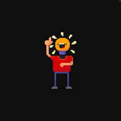 Pixel art character with bright bulb in place of his head like he got an idea