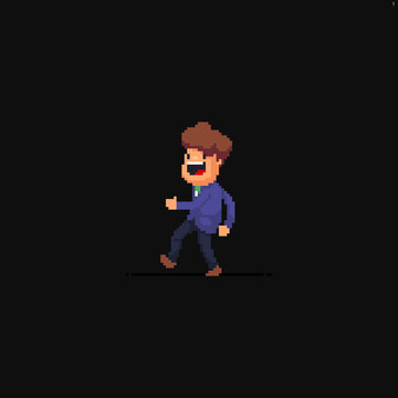 Pixel art cheerful male character walking isolated on dark background
