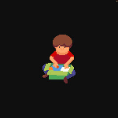 Pixel art character sitting on the floor while looking for something inside the box