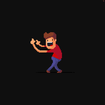 Funky pixel art character in red t-shirt and blue pants pointing on something while bending in funny posture