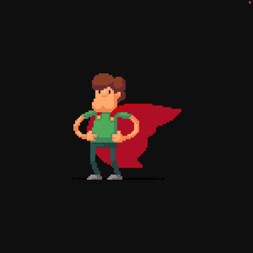 Pixel art casual looking male character in red superhero cloak