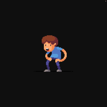 Pixel art crooked character looking tired after run