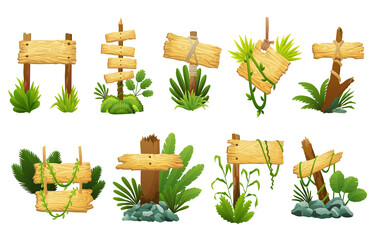 Wooden sign in Jungle rainforest with tropical leaves and space for text. Cartoon game illustration. Advertisement frames design