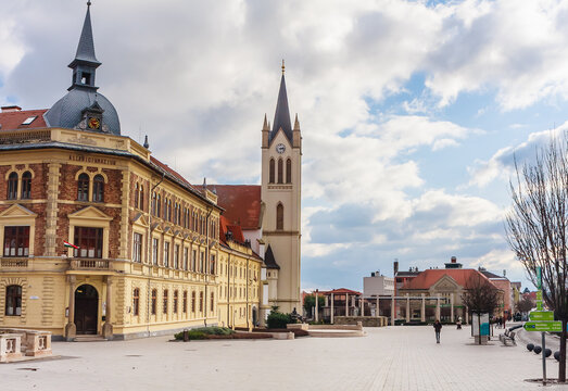 Gothic Franciscan parish church and high school in Main Square, Keszthely, Lake Balaton, Hungary, Europe