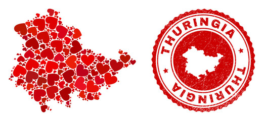 Mosaic Thuringia Land map created with red love hearts, and rubber seal stamp. Vector lovely round red rubber seal imprint with Thuringia Land map inside.