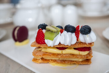 Fresh berry mille feuille with Bourbon vanilla cream.