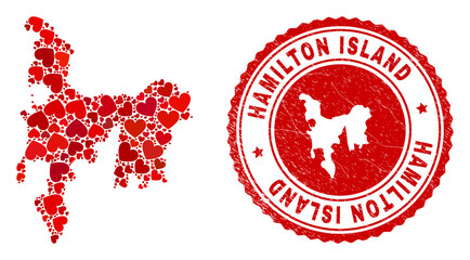 Mosaic Hamilton Island map composed with red love hearts, and dirty stamp. Vector lovely round red rubber seal stamp imitation with Hamilton Island map inside.