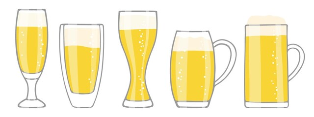 Set of Beer glasses isolated on white. Five different shapes glasses of beer with foam and bubbles. Oktoberfest background Concept for pub, bar, restaurant menu, party decor, beverage drinks template