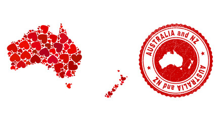 Collage Australia and New Zealand map created with red love hearts, and rubber seal stamp. Vector lovely round red rubber stamp imitation with Australia and New Zealand map inside.