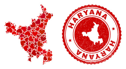 Collage Haryana State map composed from red love hearts, and rubber seal stamp. Vector lovely round red rubber seal stamp imprint with Haryana State map inside.