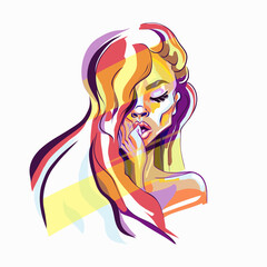 Hand-drawn young beautifu girl with nude makeup and unusual red hair. Fashion illustration of a stylish look. Vector elements for greeting card, invitation, poster, T-shirt design, post card.