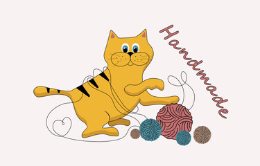 Red cat and balls of yarn for knitting. Handmade inscription. Sign, logo, print. Vector illustration, background isolated.
