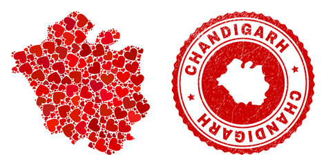 Mosaic Chandigarh City map formed from red love hearts, and rubber seal stamp. Vector lovely round red rubber seal stamp imprint with Chandigarh City map inside.