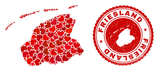 Mosaic Friesland Province map designed with red love hearts, and corroded stamp. Vector lovely round red rubber seal stamp imitation with Friesland Province map inside.