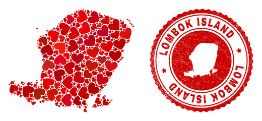 Mosaic Lombok Island map formed with red love hearts, and scratched seal. Vector lovely round red rubber seal stamp imitation with Lombok Island map inside.