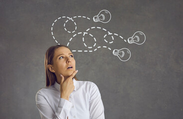 Entrepreneur office worker with thinking process light bulb arrow lines drawn near head looking...