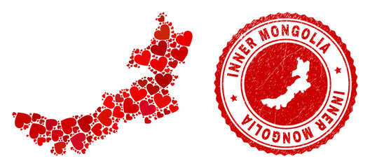 Mosaic Inner Mongolia map created with red love hearts, and grunge seal stamp. Vector lovely round red rubber seal stamp imprint with Inner Mongolia map inside.