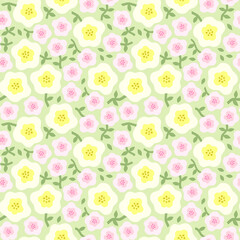 Seamless vector pattern with pink and yellow flowers on the light olive background. Fabric pattern with tiny flowers. Summer floral pattern in pastel colors.