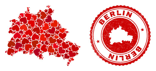Mosaic Berlin City map designed with red love hearts, and rubber stamp. Vector lovely round red rubber seal stamp imprint with Berlin City map inside.