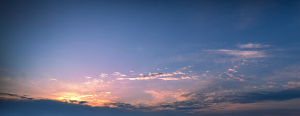Evening or morning landscape, sunrise or sunset. Panorama of the sky.