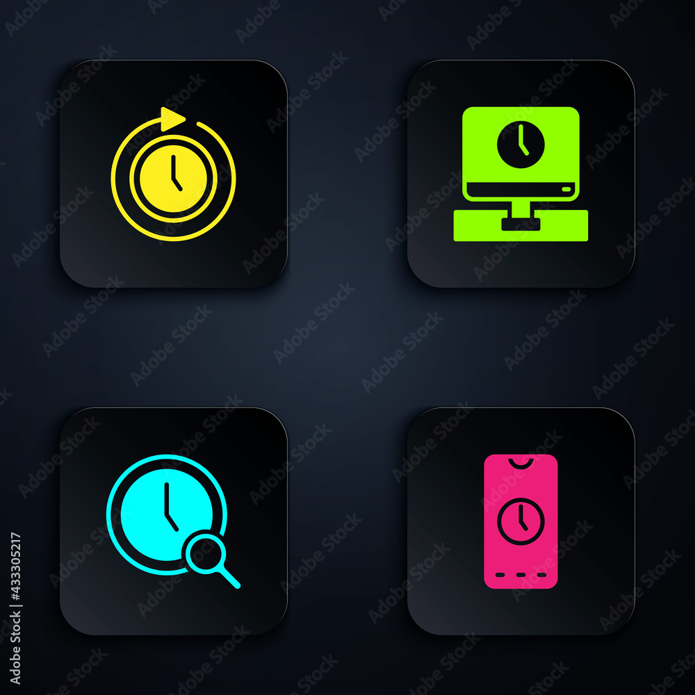 Poster set alarm clock app mobile, clock with arrow, magnifying glass and monitor time. black square button