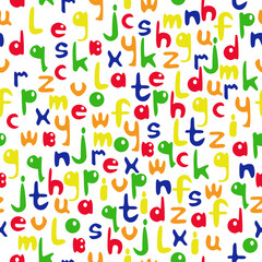 Alphabet seamless pattern, bright doodle letters on a white background for design
