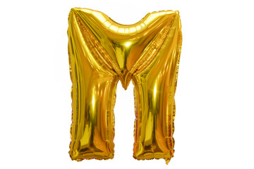 Letter M made of chrome gold inflatable balloon isolated on white background . M made of gold...
