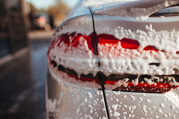 taillight in soapy foam. self-service car wash concept