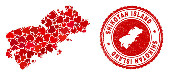 Collage Shikotan Island map designed from red love hearts, and rubber seal. Vector lovely round red rubber badge imprint with Shikotan Island map inside.