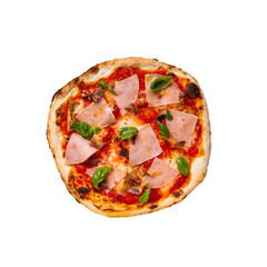 Isolated ham pizza with tomato and basil on the white background