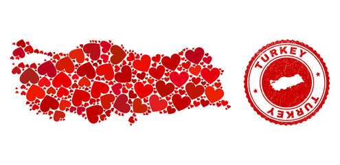 Mosaic Turkey map designed from red love hearts, and dirty seal. Vector lovely round red rubber seal stamp imitation with Turkey map inside.