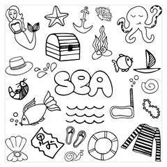 Vector hand drawn set with sea, marine elements. Doodle summer travel illustration