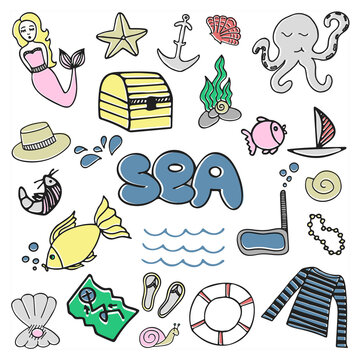 Vector hand drawn set with sea, marine elements. Doodle summer travel illustration