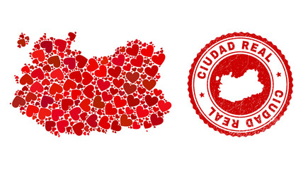 Mosaic Ciudad Real Province map formed with red love hearts, and rubber seal. Vector lovely round red rubber seal stamp imitation with Ciudad Real Province map inside.