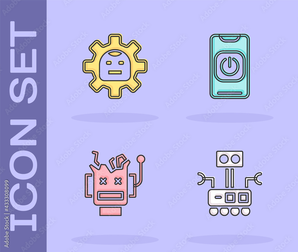 Poster set robot, , broken robot and turn off from phone icon. vector