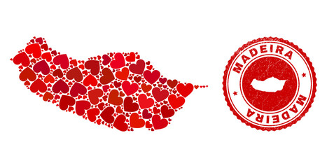 Mosaic Madeira map designed with red love hearts, and rubber stamp. Vector lovely round red rubber stamp imitation with Madeira map inside.