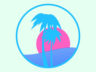 Fototapeta na wymiar Palm trees, wave and sun on a white background. Tropical logo with silhouettes of palm trees in flat style. Vector illustration