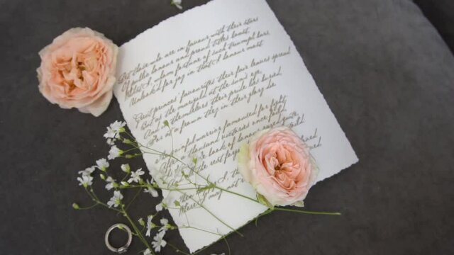 Wedding rings, flowers bouquet and bridal shoes. Pair of marriage symbols. Love 