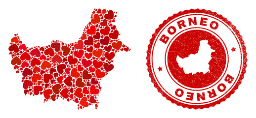 Collage Borneo map composed with red love hearts, and grunge badge. Vector lovely round red rubber seal stamp imitation with Borneo map inside.