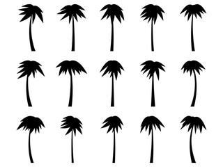 Fototapeta na wymiar Set of black silhouettes of palm trees isolated on white background. Large collection of palm tree designs for posters and promotional items. Vector illustration